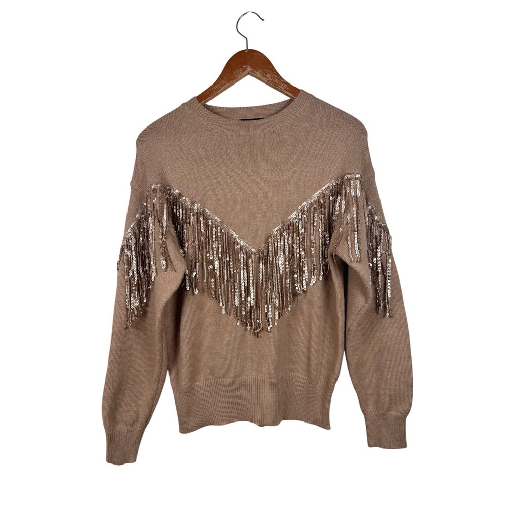 Fate Women's Size Small Tan Sequin Fringe Crewneck Long Sleeve Sweater‎